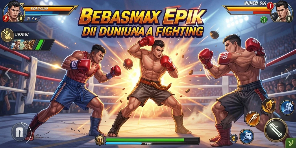 Screenshot utama BEBASMAX menampilkan pertarungan karakter yang mendebarkan.