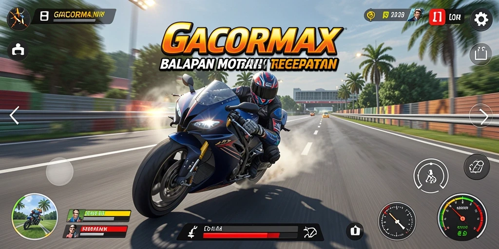 Tampilan gameplay GACORMAX menampilkan balapan motor yang intens dan mendebarkan.