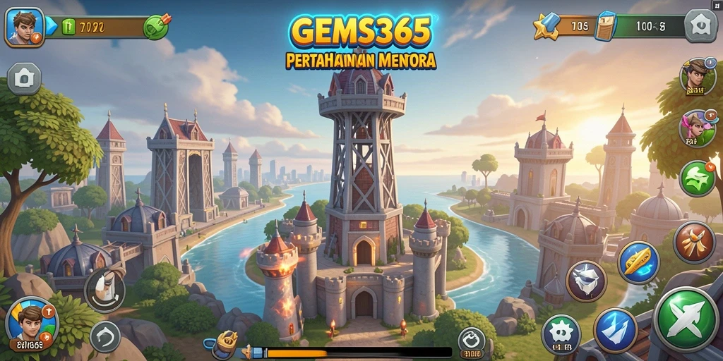 Tampilan gameplay GEMS365 yang mendebarkan di lapangan pertarungan Tower Defense.